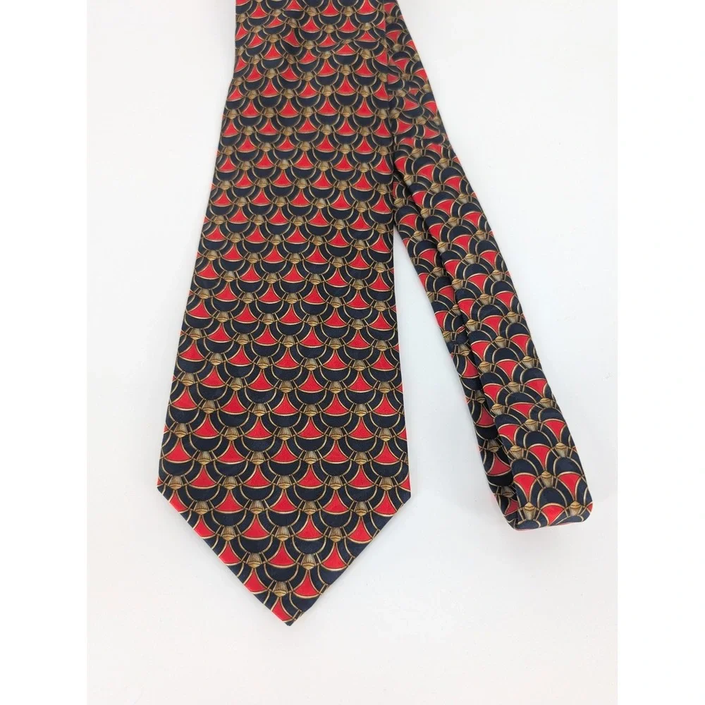 Lanvin Paris Silk Necktie Mens VTG Red Blue Gold Art Deco Scallop Made in France